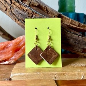 Leather Earrings Fish Hook Minimal Tan and Teal Diamond